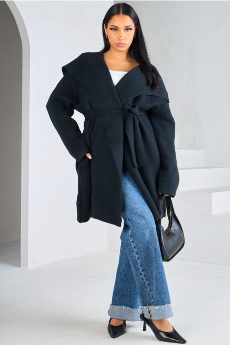 Gilet noir en laine à capuche