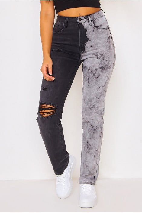 Jean Mom tie and dye déchiré noir/gris