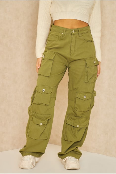 Jeans large à multiples poches cargo kaki