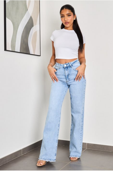 Jeans mom bleu clair brut sur le haut