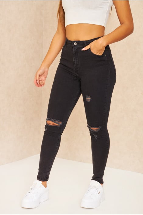 Jeans skinny noir usé taille haute déchiré
