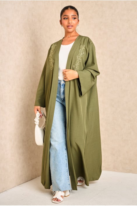 Kimono long kaki ouvert à motif sur la poitrine