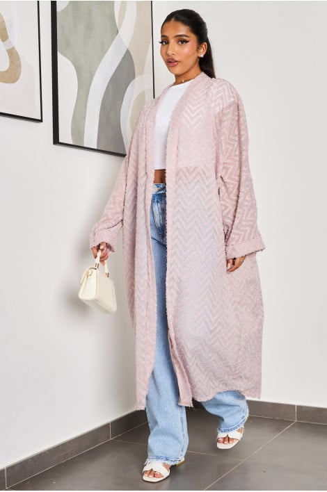 Kimono rose ouvert à motif géométrique à fourrure