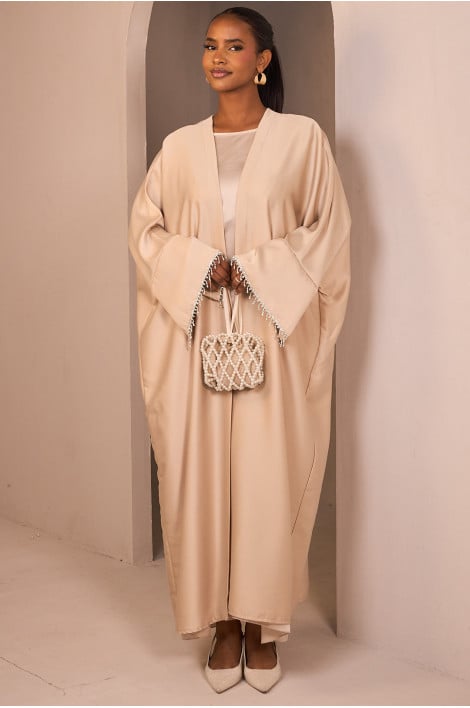 Kimono satiné beige à frange en strass
