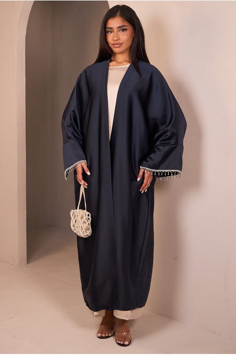Kimono satiné bleu foncé à frange en strass