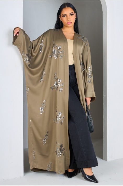 Kimono satiné kaki à sequins en forme de fleurs