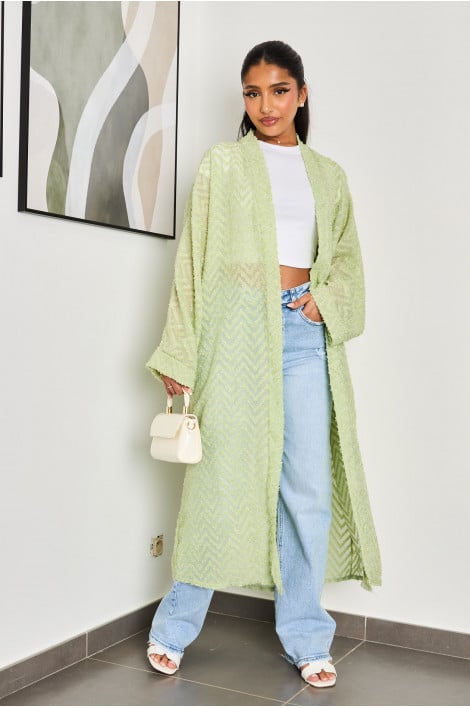 Kimono vert clair ouvert à motif géométrique à fourrure