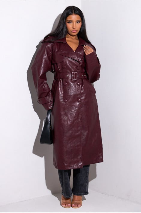 Manteau bordeaux long en cuir