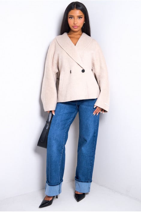 Manteau court en laine beige fait main