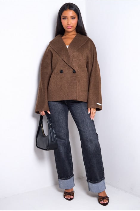 Manteau court en laine marron fait main