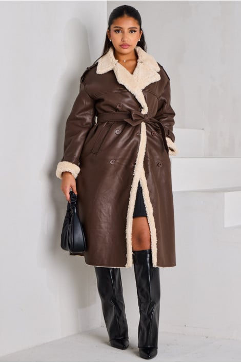Manteau en simili cuir à peau de mouton marron