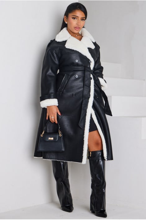 Manteau en simili cuir noir à peau de mouton noir/blanc