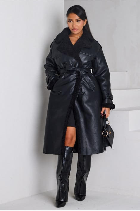 Manteau en simili cuir noir à peau de mouton noir