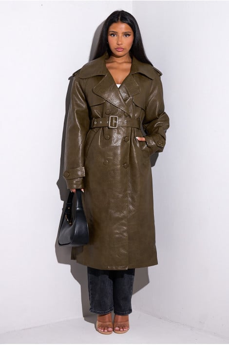 Manteau kaki long en cuir
