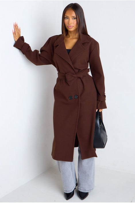 Manteau long marron en polaire style trench