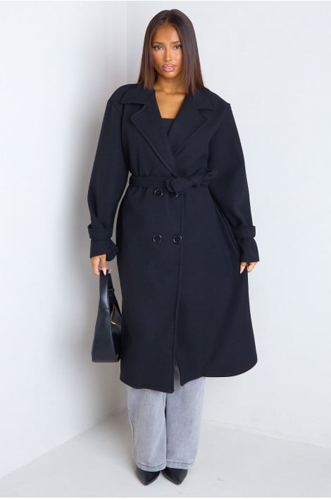 Manteau long noir en polaire style trench
