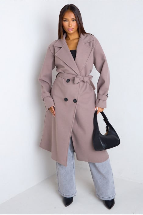 Manteau long taupe en polaire style trench