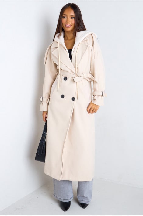 Manteau long trench en polaire beige à empiècement capuche