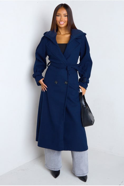 Manteau long trench en polaire bleu marine à empiècement capuche
