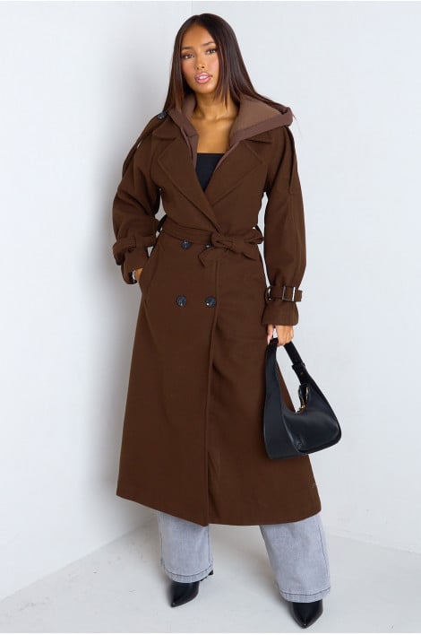 Manteau long trench en polaire marron à empiècement capuche