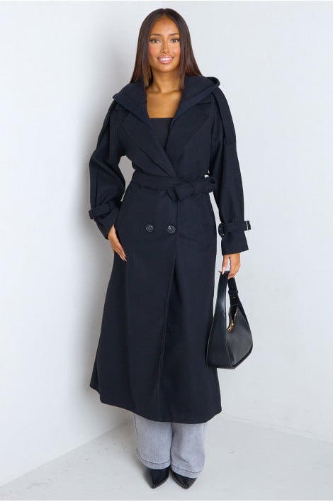 Manteau long trench en polaire noir à empiècement capuche