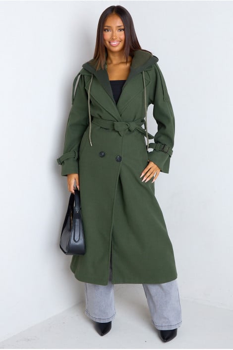 Manteau long trench en polaire vert kaki à empiècement capuche