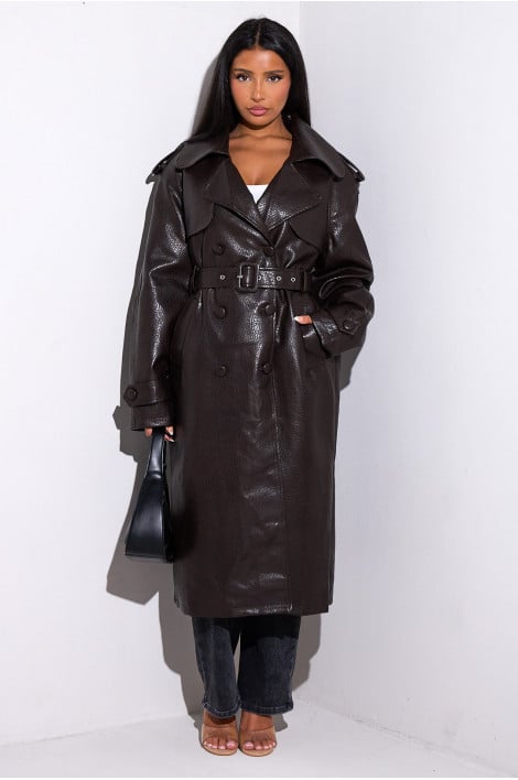 Manteau marron long en cuir