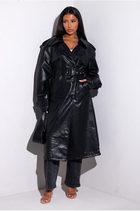 Manteau noir long en cuir
