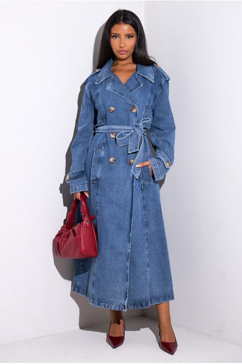 Manteau trench long en jean bleu