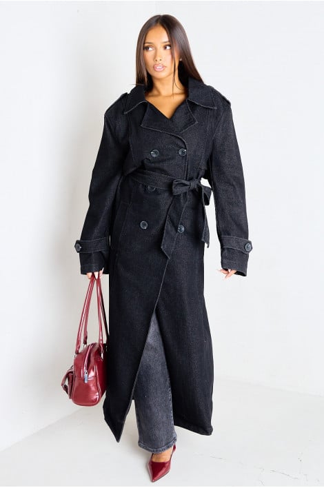 Manteau trench long en jean noir