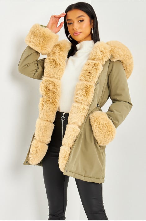 Parka kaki à fourrure beige