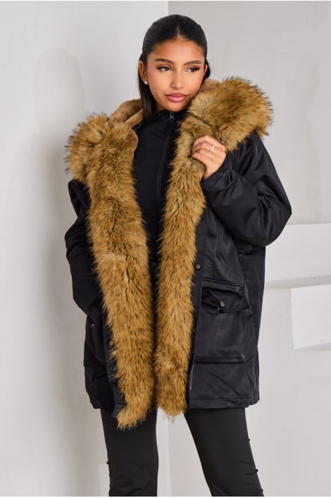 Parka noire à capuche en fourrure