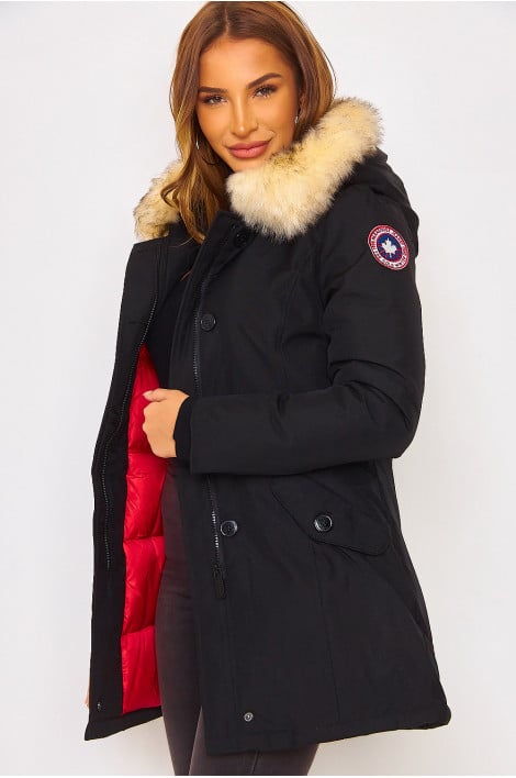 Parka noire mi-longue à capuche fourrure beige
