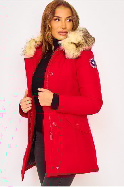 Parka rouge mi-longue à capuche fourrure