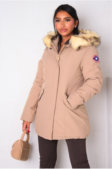 Parka taupe mi-longue à capuche fourrure beige
