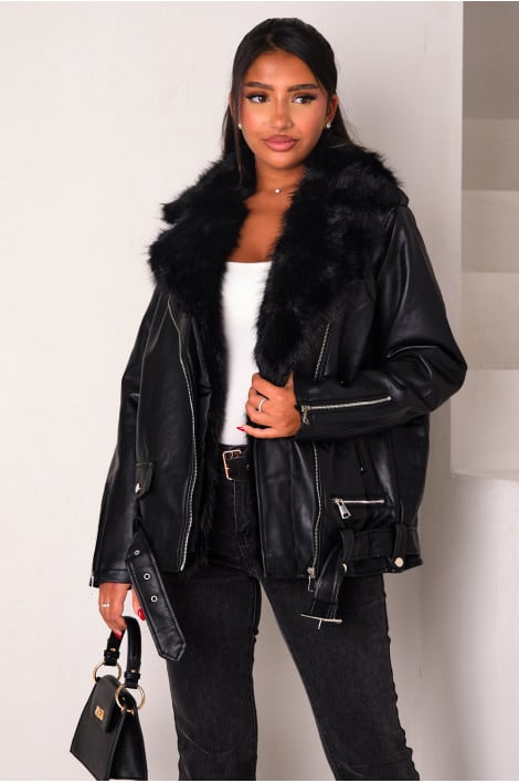 Perfecto en simili cuir noir à fourrure