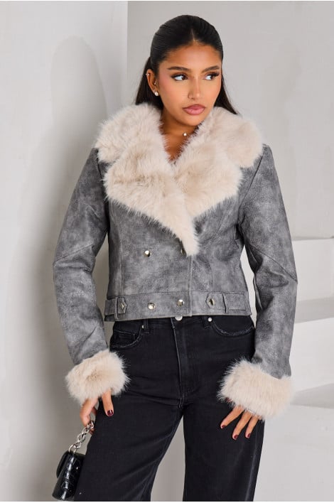 Perfecto gris foncé à motif crocodile et fourrure