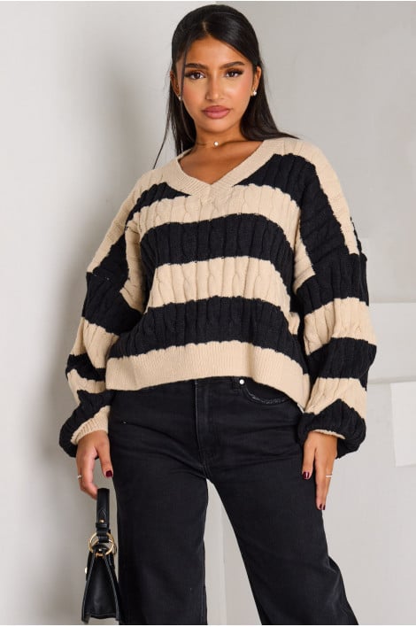 Pull beige à rayures