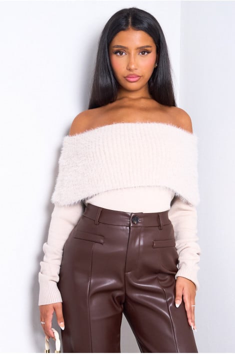 Pull beige bi-matière à col bardot