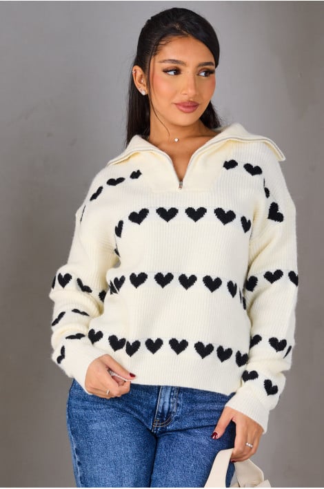 Pull blanc zippé sur le col à imprimé cœur