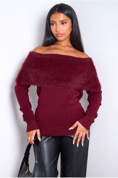 Pull bordeaux bi-matière à col bardot