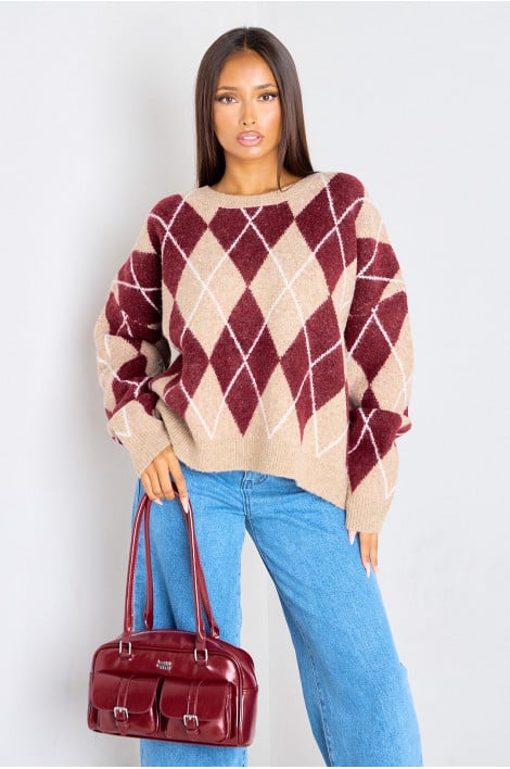 Pull bordeaux en laine à motifs losanges écossais