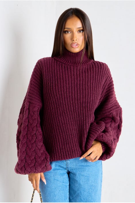 Pull col roulé bordeaux en maille épaisse