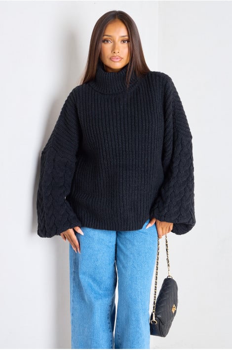 Pull col roulé noir en maille épaisse