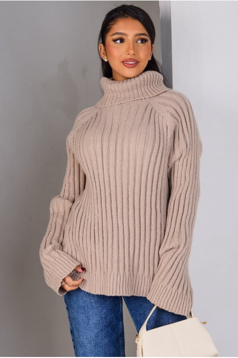 Pull col roulé taupe côtelé