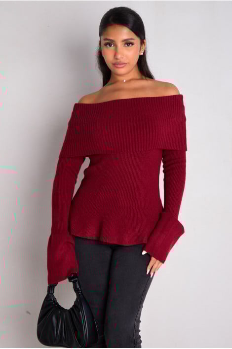 Pull côtelé à col bardot bordeaux