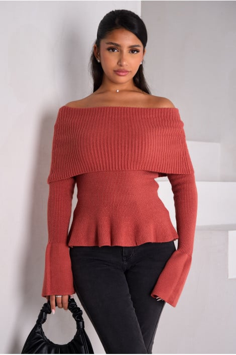 Pull côtelé à col bardot rose foncé