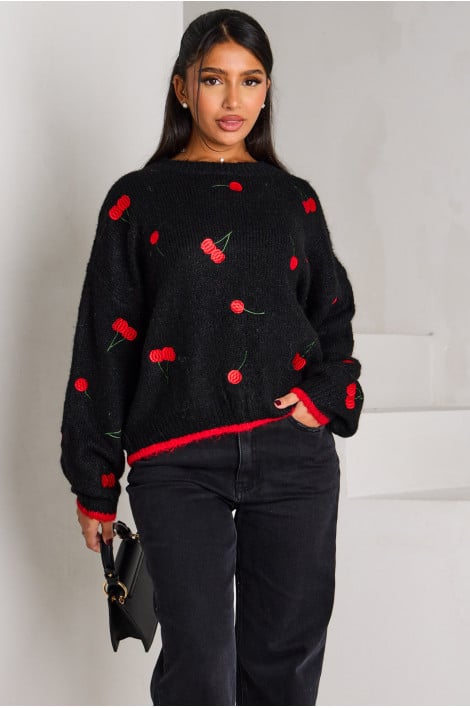 Pull court noir à cerises rouges