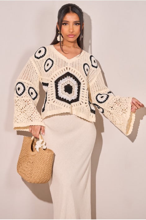 Pull en crochet beige/noir avec ronds brodés