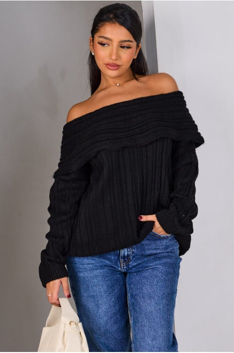 Pull en maille noir à col bardot